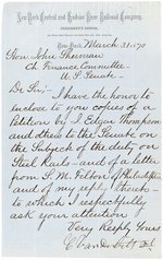 CORNELIUS VANDERBILT 1870 SIGNED LETTER TO JOHN SHERMAN REGARDING RAILROAD STEEL RAILS.