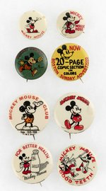 MICKEY MOUSE SEVEN BUTTONS FROM THE 1930s PLUS HIS "GOOD TEETH" BUTTON W/BIG BAD WOLF.