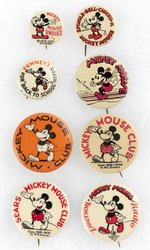 MICKEY MOUSE FACING LEFT 8 BUTTONS FROM EARLY TO MID-1930s: 5 ADVERTISING & 3 FOR CLUB MEMBERS.