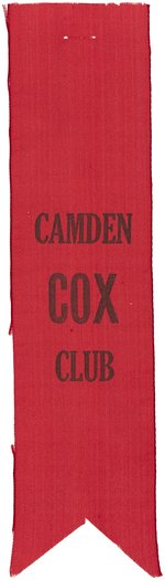 "CAMDEN COX CLUB" RARE 1920 NEW JERSEY CAMPAIGN RIBBON.