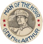 MAN OF THE HOUR GEN. MacARTHUR WOODEN PIN-BACK PORTRAIT BADGE.