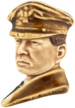 GEN. MacARTHUR FIGURAL CERAMIC BUST PORTRAIT PIN-BACK BADGE.