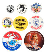 COMIC CHARACTERS AND PERSONALITIES "FOR PRESIDENT" GROUP OF 8 BUTTONS.