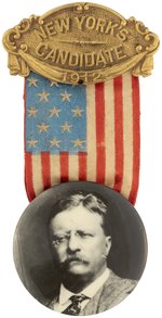 "NEW YORK'S CANDIDATE 1912" RIBBON BADGE W/REAL PHOTO ROOSEVELT BUTTON.