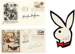 PLAYBOY FOUNDER HUGH HEFNER & PLAYBOY LOGO DESIGNER ART PAUL SIGNED TRIO.