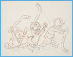 HOCKEY CHAMP PRODUCTION DRAWING PAIR FEATURING DONALD DUCK AND NEPHEWS.