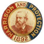 "HARRISON AND PROTECTION 1892" LITHO TIN PINBACK HAKE #3187.