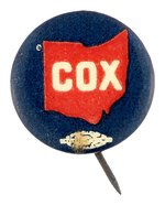 SMALL JAMES COX OHIO RED AND BLUE NAME BUTTON HAKE #40.