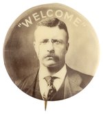 "WELCOME" SEPIA ROOSEVELT PORTRAIT BUTTON HAKE #79.