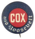 COX AND ROOSEVELT RED/WHITE/BLUE NAME BUTTON.