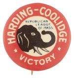 "HARDING COOLIDGE VICTORY" MASS. REPUBLICAN LEAGUE 1920 BUTTON HAKE #50.