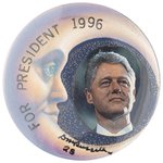 BILL CLINTON "FOR PRESIDENT 1996" MOON BUTTON BY DAVID RUSSELL.