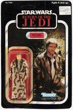 STAR WARS: RETURN OF THE JEDI (1983) - HAN SOLO (IN TRENCH COAT, CAMO LAPEL) 77 BACK-A CARDED ACTION FIGURE.