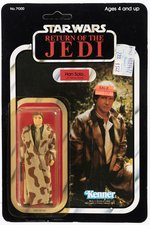 STAR WARS: RETURN OF THE JEDI (1983) - HAN SOLO (IN TRENCH COAT, CAMO LAPEL) 77 BACK-A CARDED ACTION FIGURE.