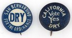 PROHIBITION: "SAN BERNARDINO DRY" CALIFORNIA TEMPERANCE BUTTON PAIR.