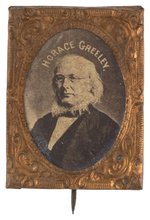 “HORACE GREELEY” 1872 BRASS FRAMED GEM ALBUMEN PORTRAIT BADGE.