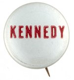 TINY RED & SILVER KENNEDY NAME BUTTON.