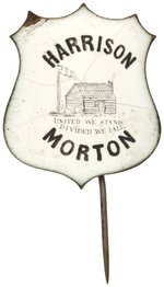 HARRISON & MORTON "UNITED WE STAND DEVIDED WE FALL" LOG CABIN 1884 BADGE.