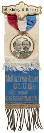 McKINLEY & HOBART CLUB GALESBURG, MICH. 1896 JUGATE RIBBON BADGE.