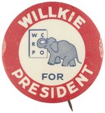 "WILLKIE FOR PRESIDENT" WAYNE COUNTY MICHIGAN CARTOON BUTTON HAKE #205.