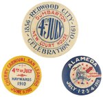 CALIFORNIA CITIES TRIO OF JULY 4TH CELEBRATION BUTTONS 1910-1911.