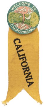 PANAMA-PACIFIC EXPO BUTTON W/RIBBON FOR PATRONS OF HUSBANDRY/WELCOME TO CALIFORNIA 1915.