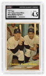 1957 TOPPS #407 YANKEES' POWER HITTERS MICKEY MANTLE (HOF)/YOGI BERRA (HOF) CGC 4.5 VG/EX+.