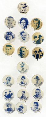 MOVIE STARS TWO 1930s BUTTON SETS INCLUDING TWO EARLY 1930s MICKEY MOUSE.