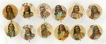 AMERICAN INDIANS C. 1898 COMPLETE BUTTON SET OF SIX FAMOUS CHIEFS WITH BLUE OR RED TEXT.