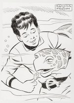 RAMONA FRADON ORIGINAL ART PENCIL & PEN SKETCH OF AQUALAD W/SEA TURTLE.