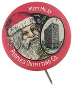 LARGER AND RARE CLOSE-UP SANTA BUTTON ALSO SHOWING HIS MULTI-LEVEL STORE HEADQUARTERS.