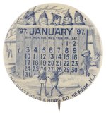 EIGHT PALMER COX BROWNIES AROUND WOODEN FENCE HISTORIC COMIC CHARACTER CALENDAR BUTTON FOR JANUARY 1897.