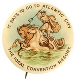ATLANTIC CITY C. 1898 CONVENTION RESORT PROMO BUTTON W/ KING NEPTUNE, SHELL CHARIOT  AND SEA HORSES.