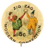 ZIG ZAG 5C MODERN CONFECTION C. 1904 BUTTON WITH LADY & CLOWN.
