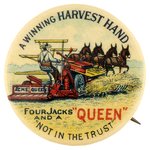 SUPERB FARM EQUIPMENT AD BUTTON W/HAY HARVESTING MACHINE AND MULES.
