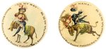 BUTCHERS AND MEAT DEALERS KENNYWOOD PARK 1908 BUTTON PAIR W/RISQUE LADY RIDING AND BEING THROWN FROM DONKEY.