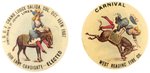 ODD FELLOWS AND FIRE COMPANY BUTTON PAIR WITH RISQUE LADY RIDING AND BEING THROWN OFF DONKEY.