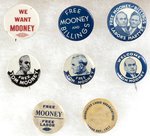 LABOR LEADER TOM MOONEY COLLECTION OF EIGHT BUTTONS & PAMPHLET.