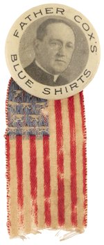 FATHER COX'S BLUE SHIRTS 1932 MEMBER BUTTON W/SMALL FLAG RIBBON.