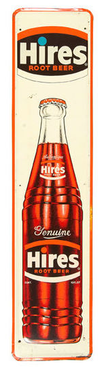 "HIRES ROOT BEER" EMBOSSED TIN VERTICAL BOTTLE SIGN.