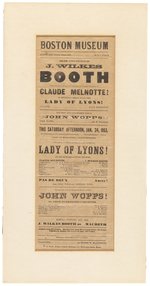 JOHN WILKES BOOTH 1863 BOSTON MUSEUM "LADY OF LYONS!" PLAYBILL.