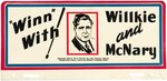 "WILLKIE AND McNARY" RARE INDIANA COATTAIL "'WINN' WITH" LICENSE PLATE.