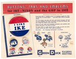 EISENHOWER: IKE GREEN DUCK COMPANY BUTTON, TAB & EMBLEM SALESMAN CARD PAIR.