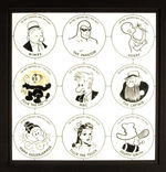 KELLOGG'S PEP BUTTONS NINE PEN AND INK ORIGINAL ART PROTOTYPE DESIGNS.