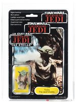 PALITOY STAR WARS: RETURN OF THE JEDI (1983) - YODA (BROWN SNAKE, DARK SKIN) TRI-LOGO 70 BACK AFA 80 NM.