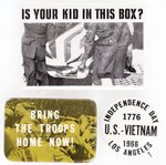 ANTI-VIETNAM WAR BUTTON TRIO INC. ICONIC "IS YOUR KID IN THIS BOX?"