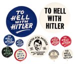 "TO HELL WITH HITLER" COLLECTION OF 11 ANTI-NAZI WWII ERA BUTTONS.