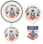 SHIELD G-MAN CLUB GOLDEN AGE PREMIUM BUTTON/BADGE SET INCLUDING RARE SIZE VARIETIES.