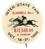 BLACKWELL, OKLAHOMA HORSE RACE 1905 BUTTON WITH BLACK JOCKEY ON BLACK HORSE AND WHITE JOCKEY ON WHITE HORSE.