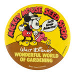 "MICKEY  MOUSE SEED SHOP" SUPERB 1976 AD BUTTON.